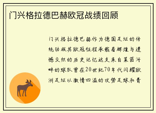 门兴格拉德巴赫欧冠战绩回顾